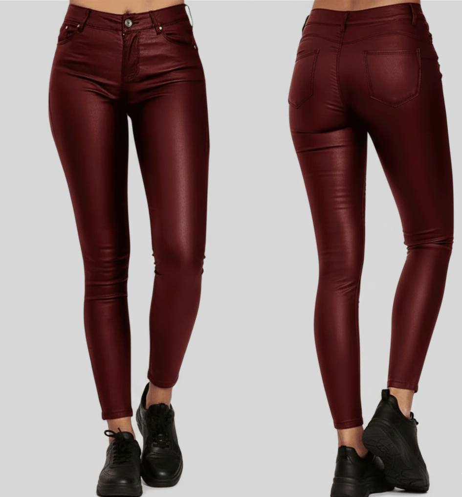 Spodnie Luna – Elastyczne Skinny z Efektem Skóry i Połyskiem
