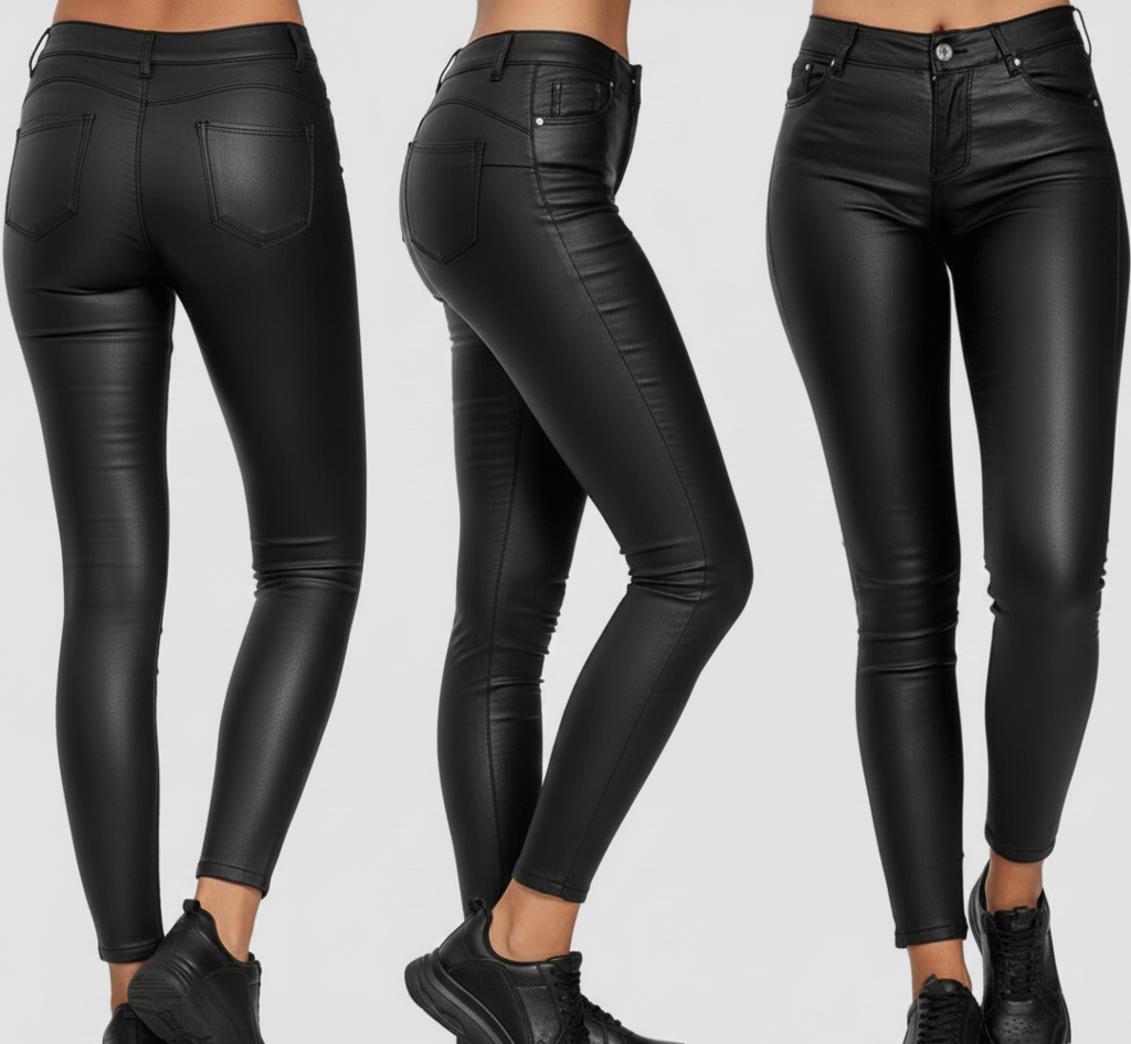 Spodnie Luna – Elastyczne Skinny z Efektem Skóry i Połyskiem