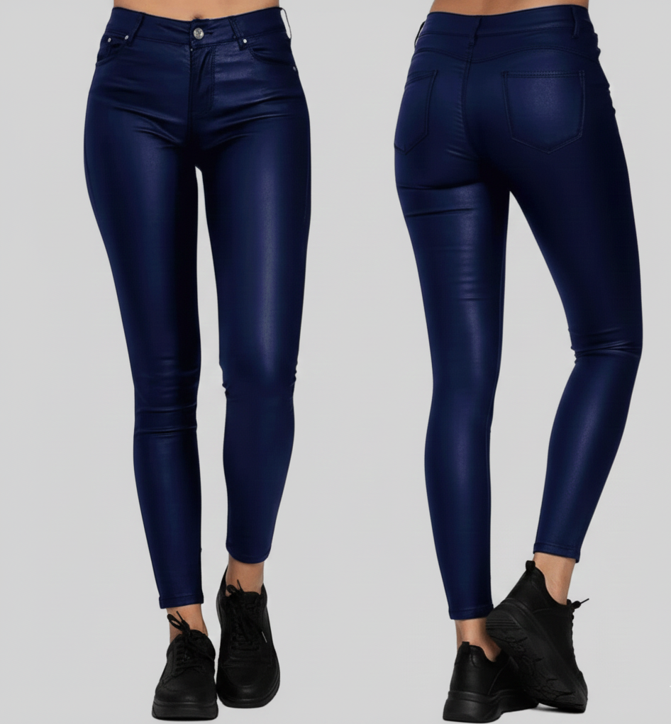 Spodnie Luna – Elastyczne Skinny z Efektem Skóry i Połyskiem