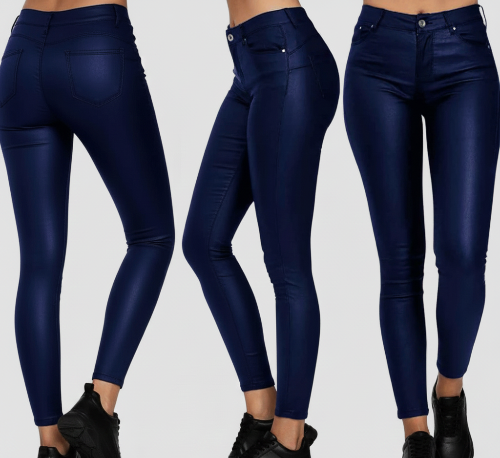 Spodnie Luna – Elastyczne Skinny z Efektem Skóry i Połyskiem